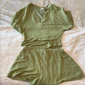 Free People Daily Practice Green V-Neck Short Sleeve Top and Shorts Set